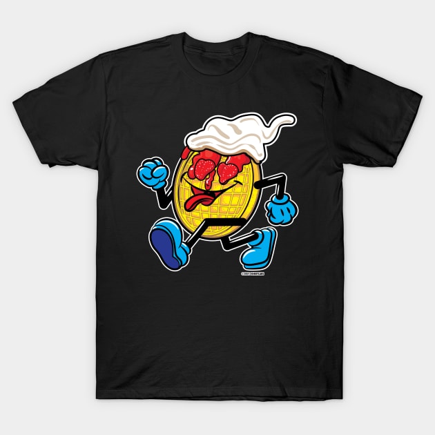 Happy Smiling Waffle Mascot strutting with Strawberries, strawberry syrup and whipped cream T-Shirt by eShirtLabs